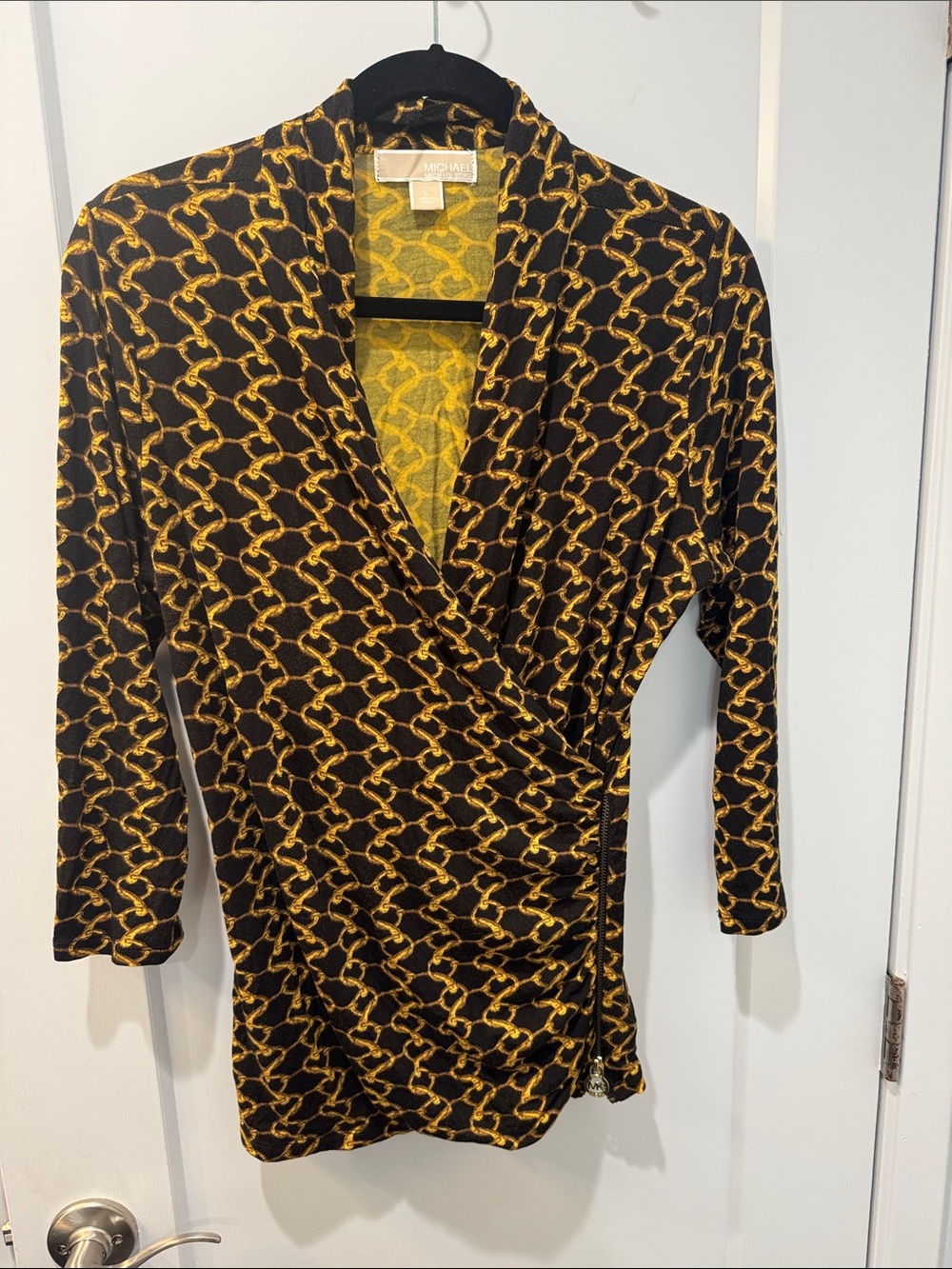 Michael Kors Black and Gold Chain-Print Faux Wrap Top